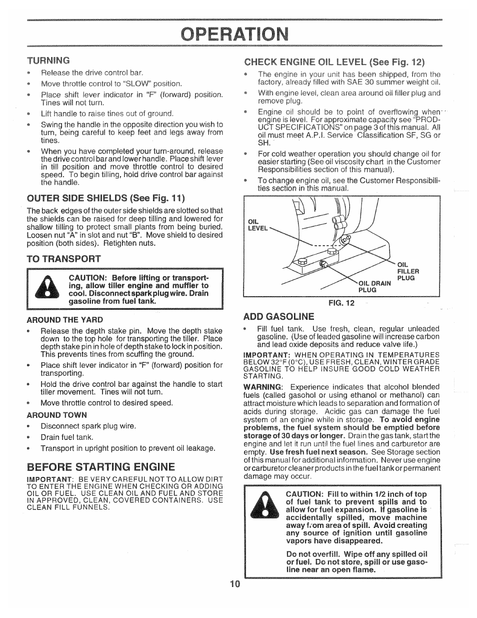 Add gasoline, Operation, Before starting engine | Poulan CHDR500C User Manual | Page 10 / 28