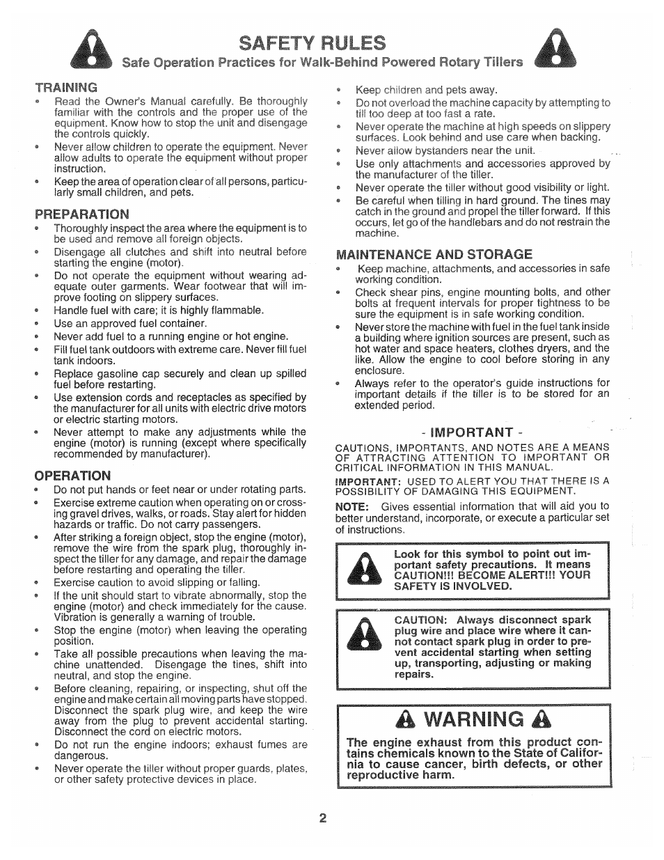 Safe ope, Preparation, Operation | Maintenance and storage, Important, Safety rules, Warning | Poulan CHDR500C User Manual | Page 2 / 28