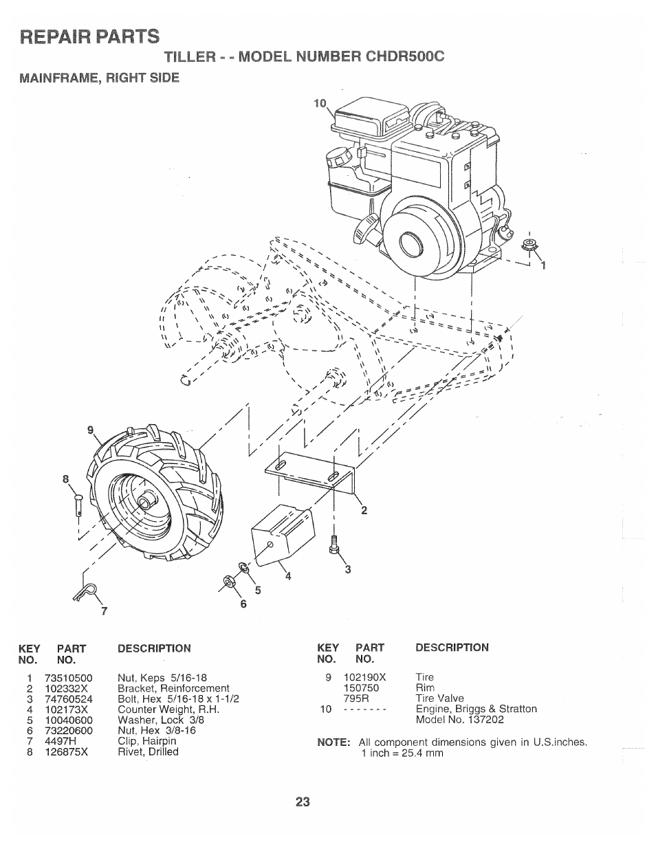 Repair parts, Tiller, Model number chdr500c | Poulan CHDR500C User Manual | Page 23 / 28