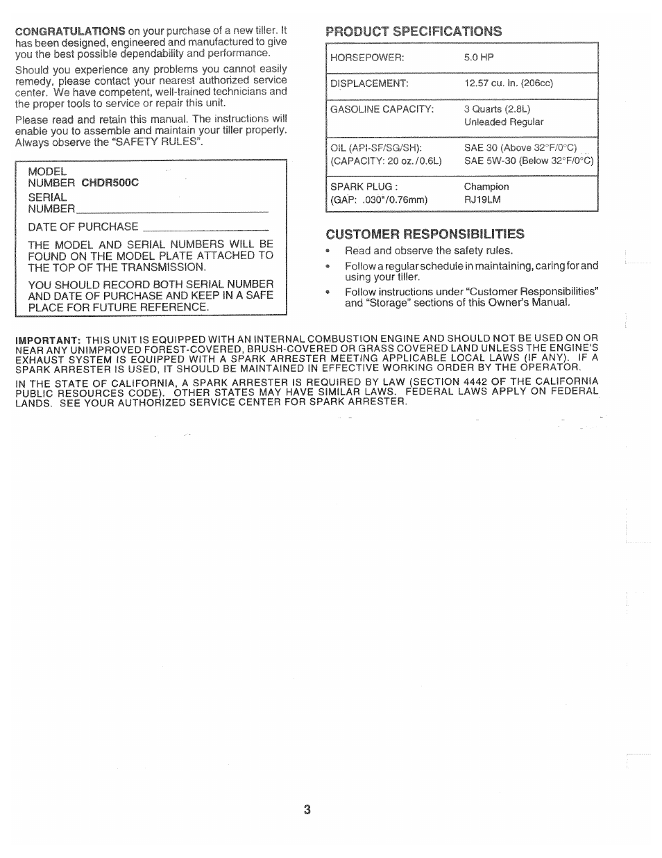 Customer responsibilities, Product | Poulan CHDR500C User Manual | Page 3 / 28