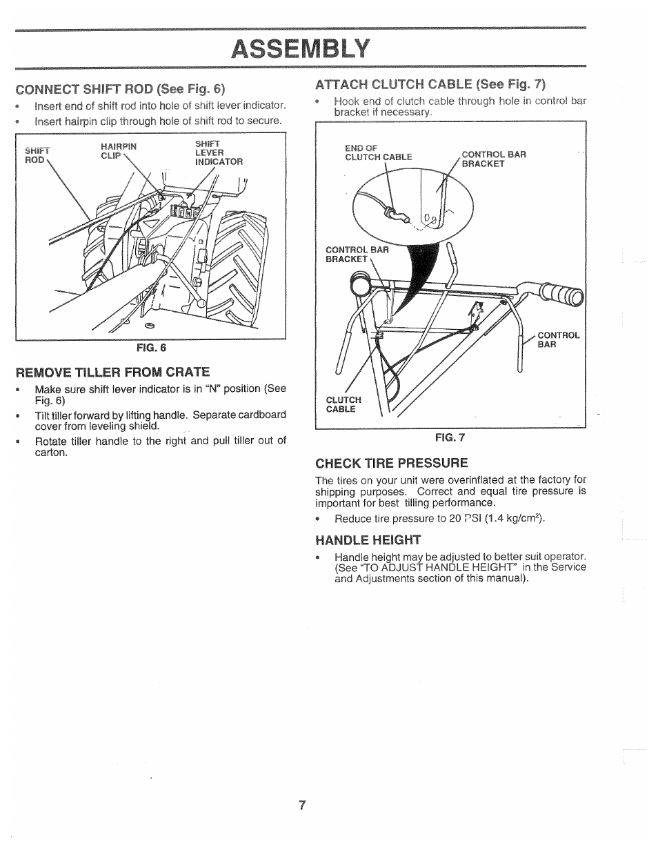 Remove tiller from crate, Attach clutch cable (see fig. 7), Check tire pressure | Handle height, Assembly | Poulan CHDR500C User Manual | Page 7 / 28