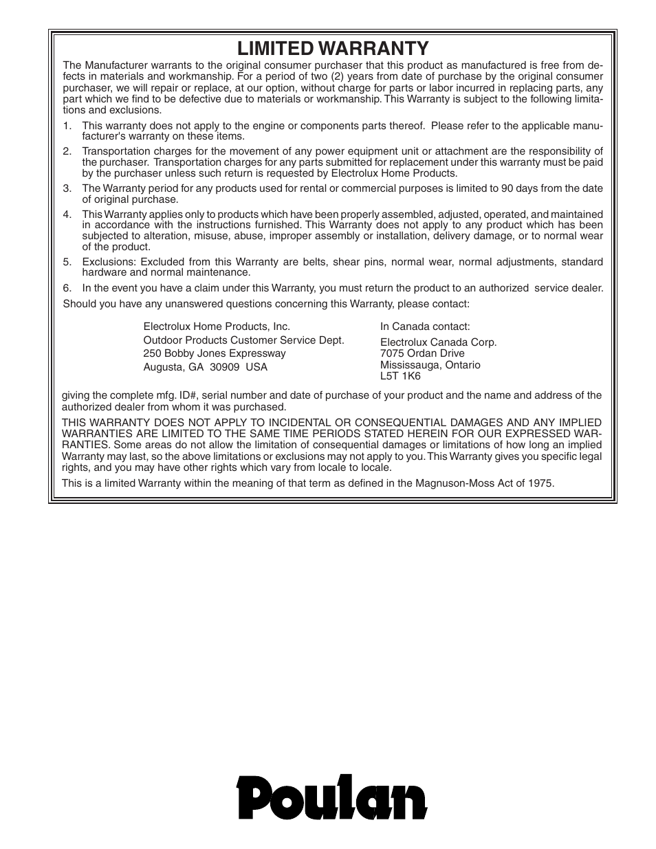 Limited warranty | Poulan 185136 User Manual | Page 32 / 32