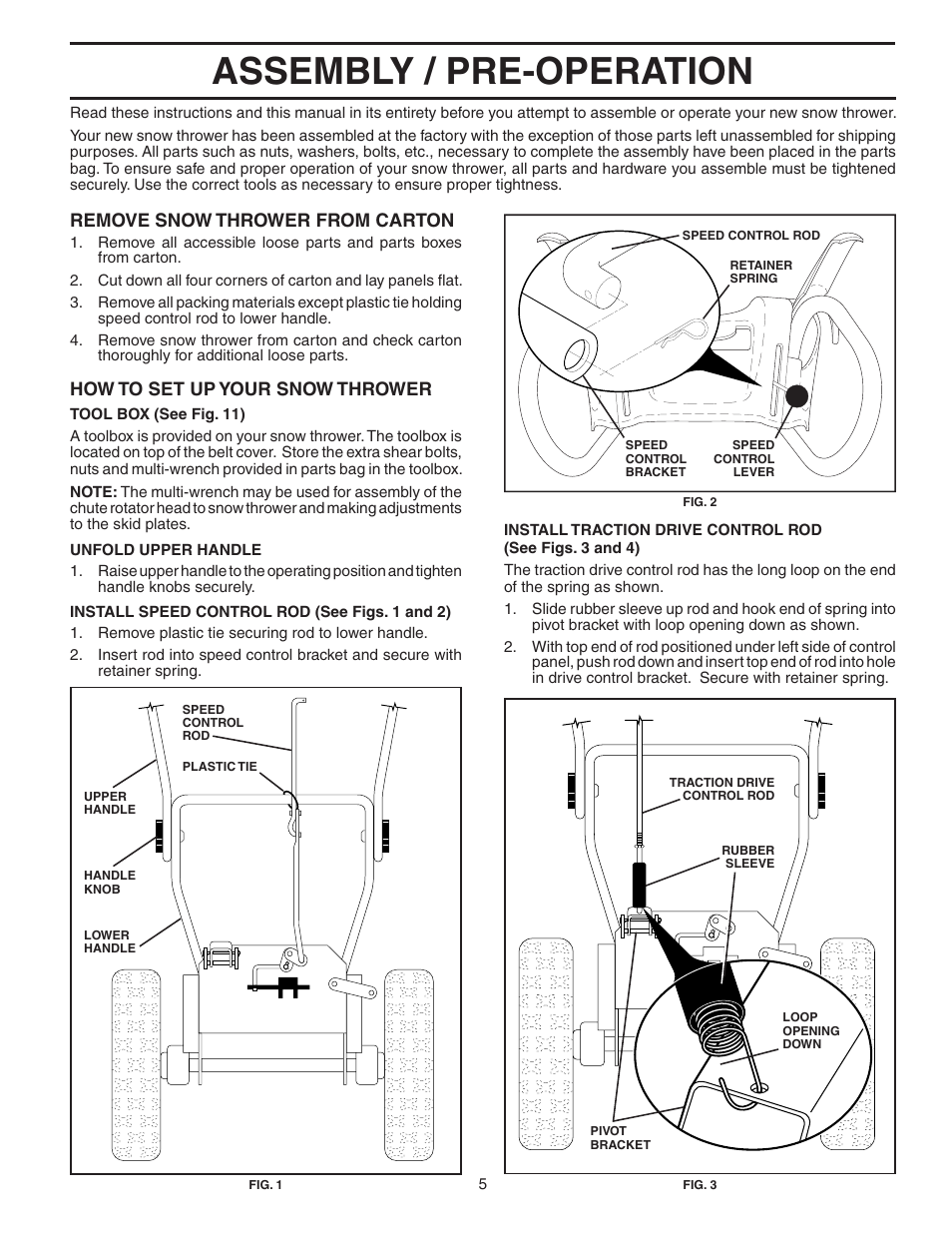 Assembly / pre-operation, Remove snow thrower from car ton, How to set up your snow thrower | Poulan 185136 User Manual | Page 5 / 32