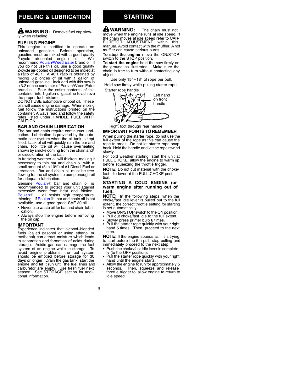 Starting, Fueling & lubrication | Poulan 2001-07 User Manual | Page 9 / 17