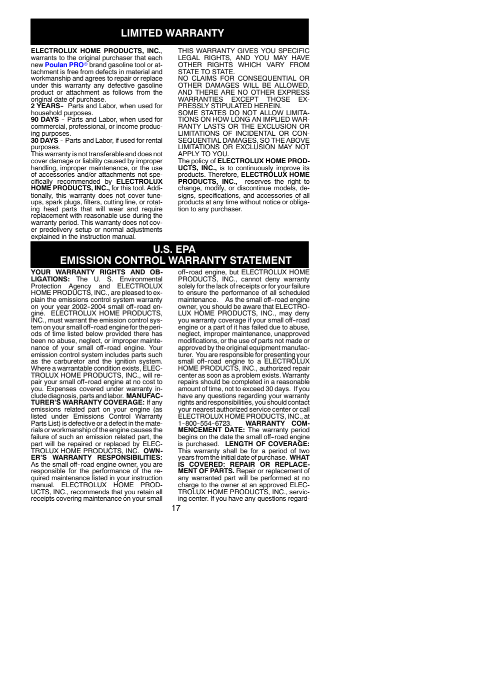 Limited warranty, U.s. epa emission control warranty statement | Poulan 530163735 User Manual | Page 17 / 18