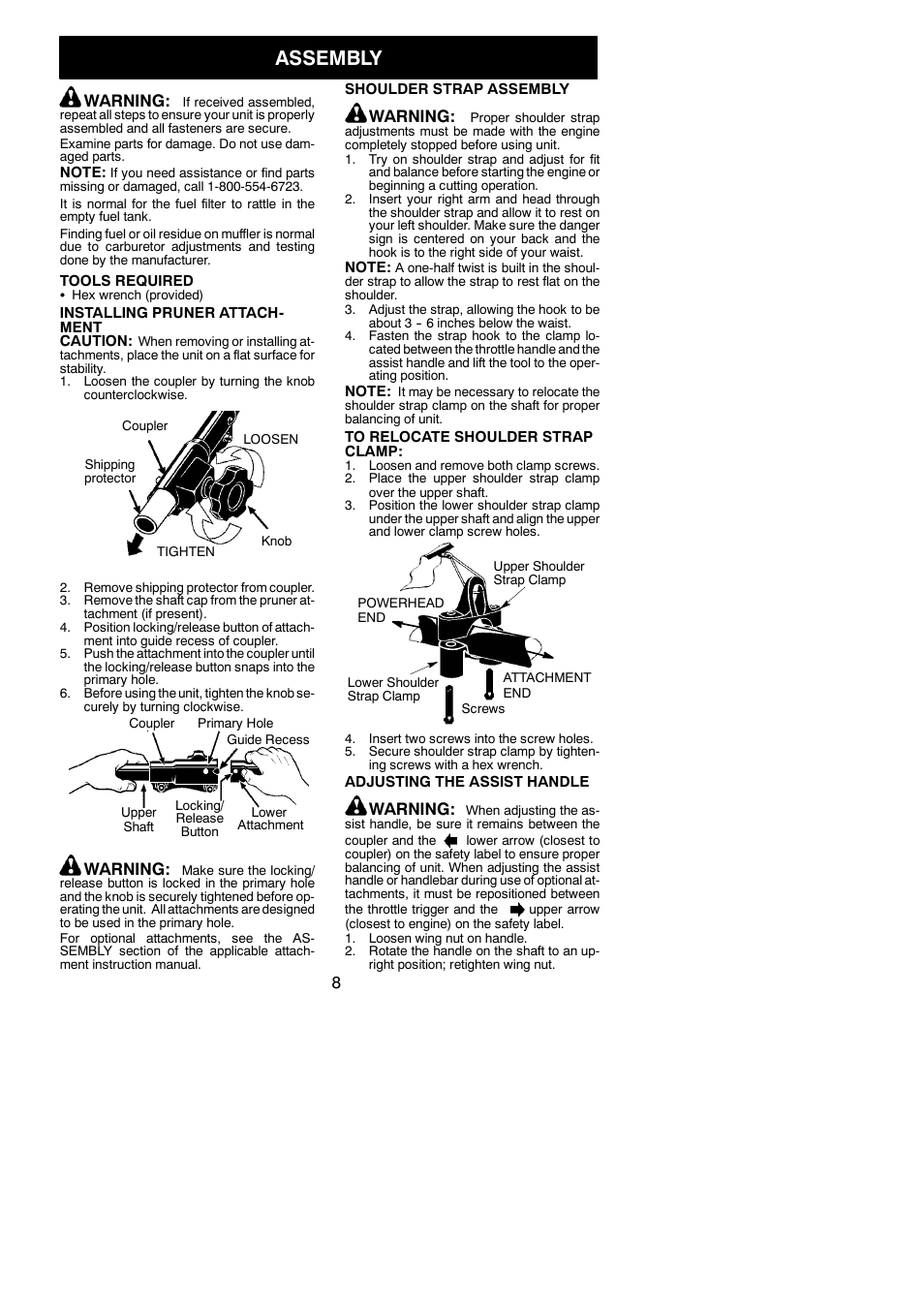Assembly, Warning | Poulan 530163735 User Manual | Page 8 / 18