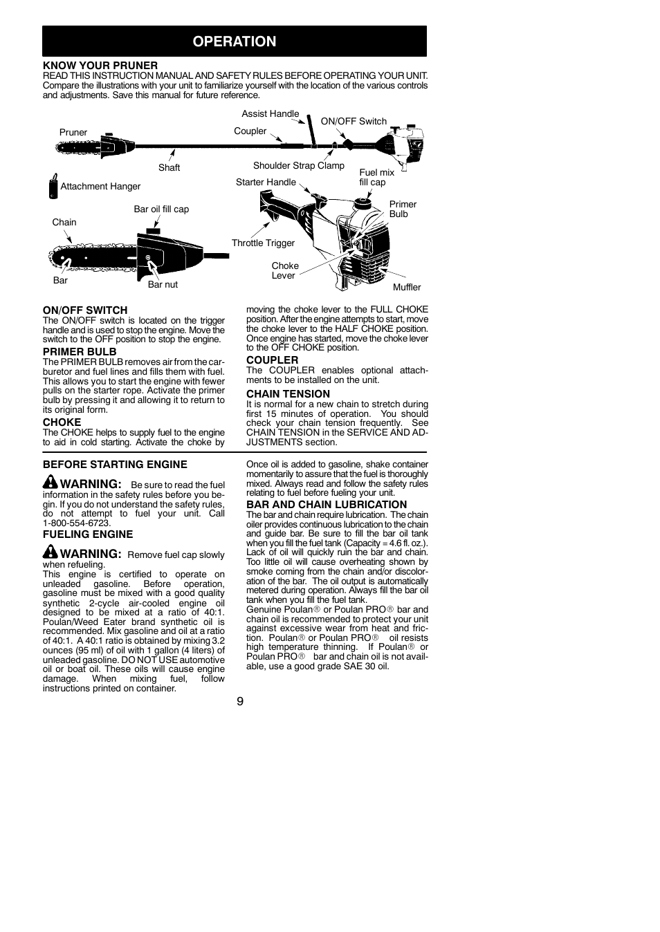 Operation, Warning | Poulan 530163735 User Manual | Page 9 / 18