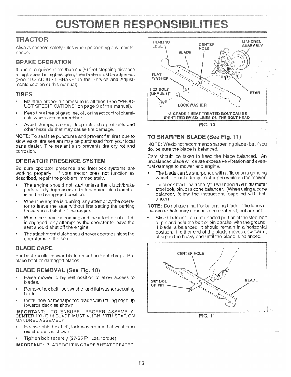 Tires, Operator presence system, Blade care | Blade removal (see fig. 10), To sharpen blade (see fig. 11), Customer responsibilities, Tractor | Poulan 166120 User Manual | Page 16 / 46