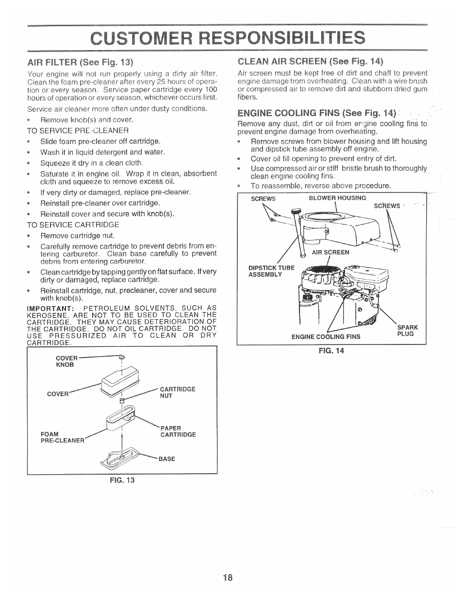 Clfam air screem fsee fig. 14), Сиьтсше.и responsibilities | Poulan 166120 User Manual | Page 18 / 46