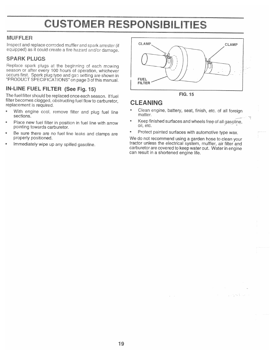 Spark plugs, In-line fuel filter (see fig. 15), Customer responsibilities | Cleaning | Poulan 166120 User Manual | Page 19 / 46