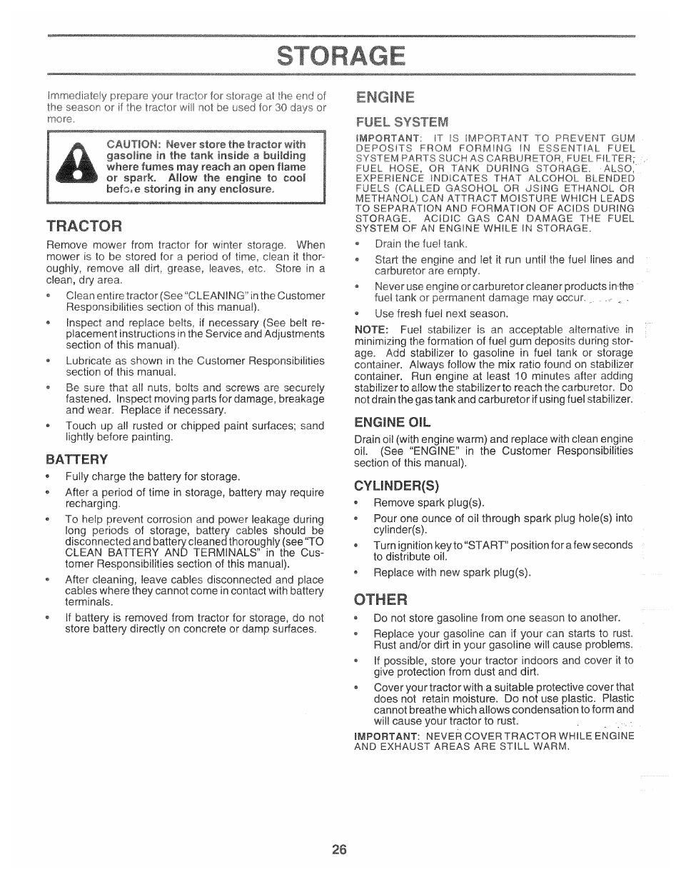 Fuei, Battery, Engine oil | Cylinder(s), Ingine, Tractor, Other | Poulan 166120 User Manual | Page 26 / 46