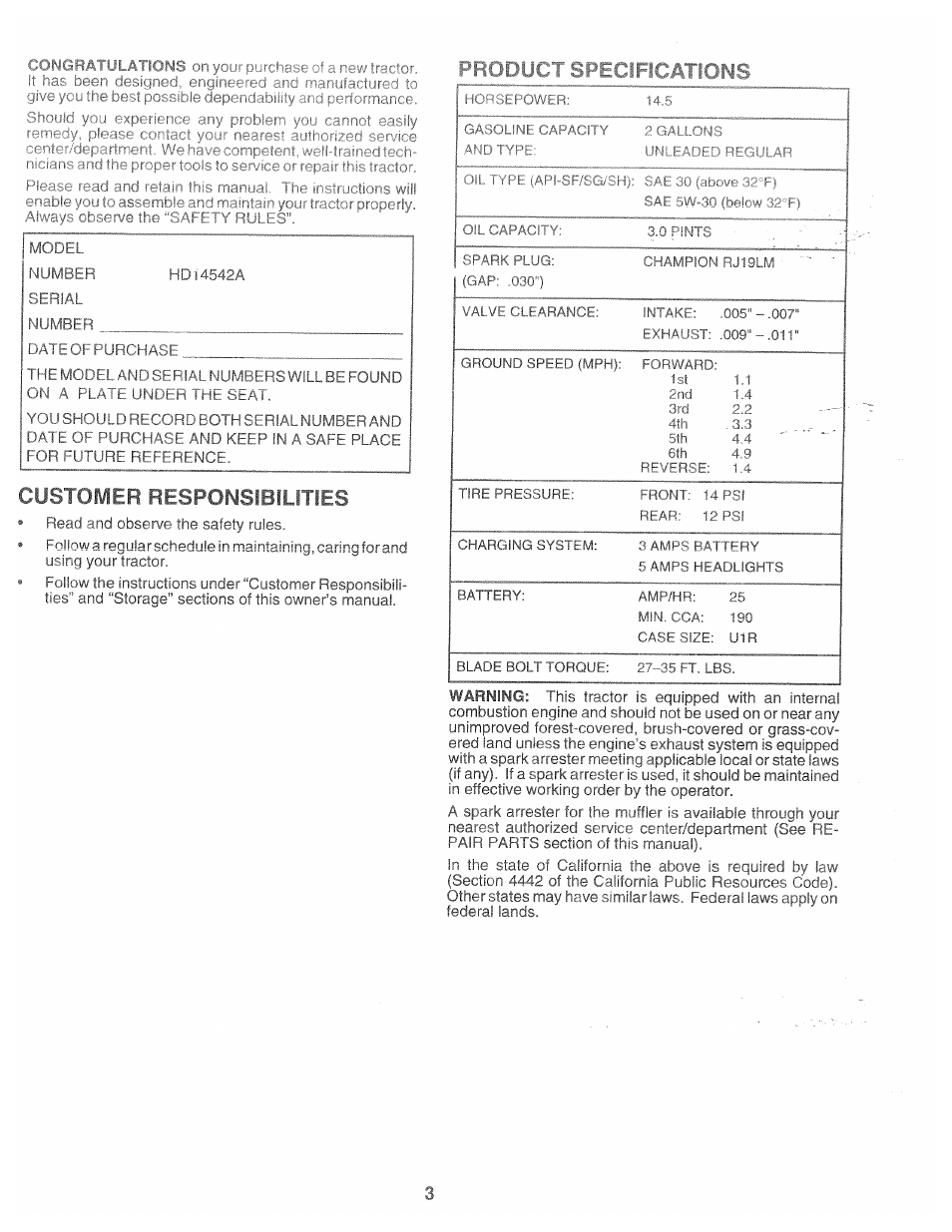 Ificatíoní customer responsibilities | Poulan 166120 User Manual | Page 3 / 46