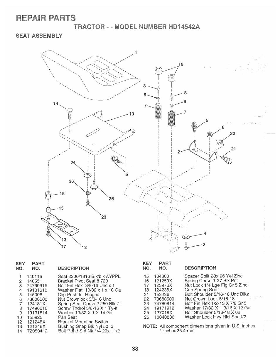 Seat assembly, Repair parts | Poulan 166120 User Manual | Page 38 / 46