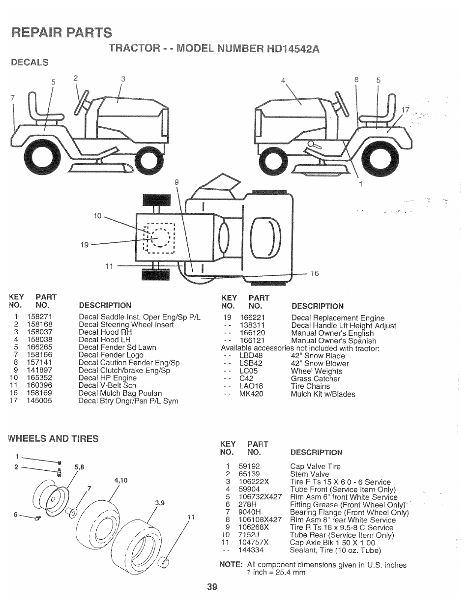 Decals, Repair parts, Wheels and tires | Poulan 166120 User Manual | Page 39 / 46