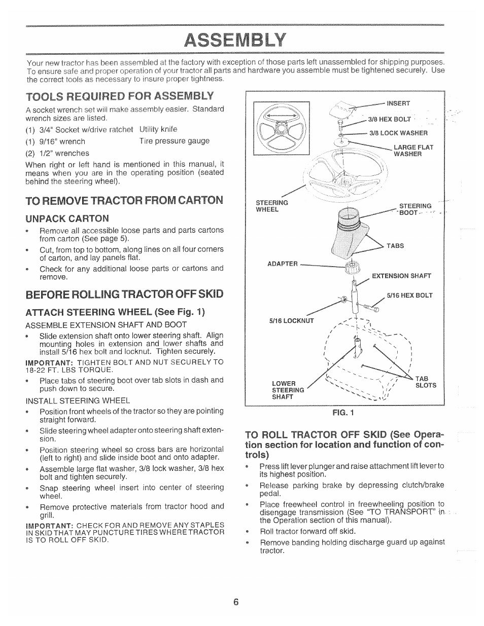 Unpack carton, Attach steering wheel (see fig. 1), Assembly | Tools rr«jof»fd f or assembly, Before rolling tractor off skid | Poulan 166120 User Manual | Page 6 / 46