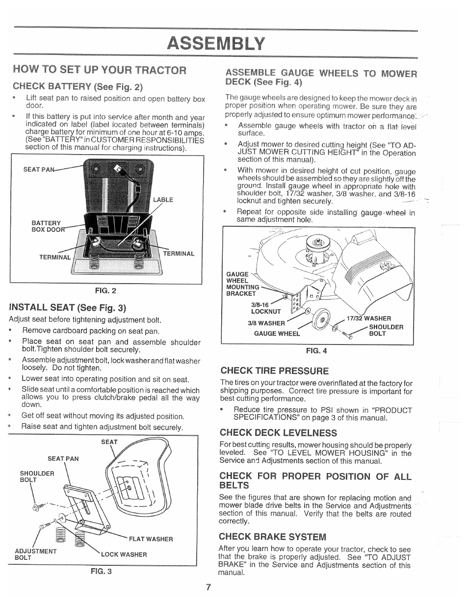 Asslivlblt, Install seat (see fig. 3), Check tire pressure | Check deck levelness, Check for proper position of all belts, Check brake system, How to set up your tractor | Poulan 166120 User Manual | Page 7 / 46