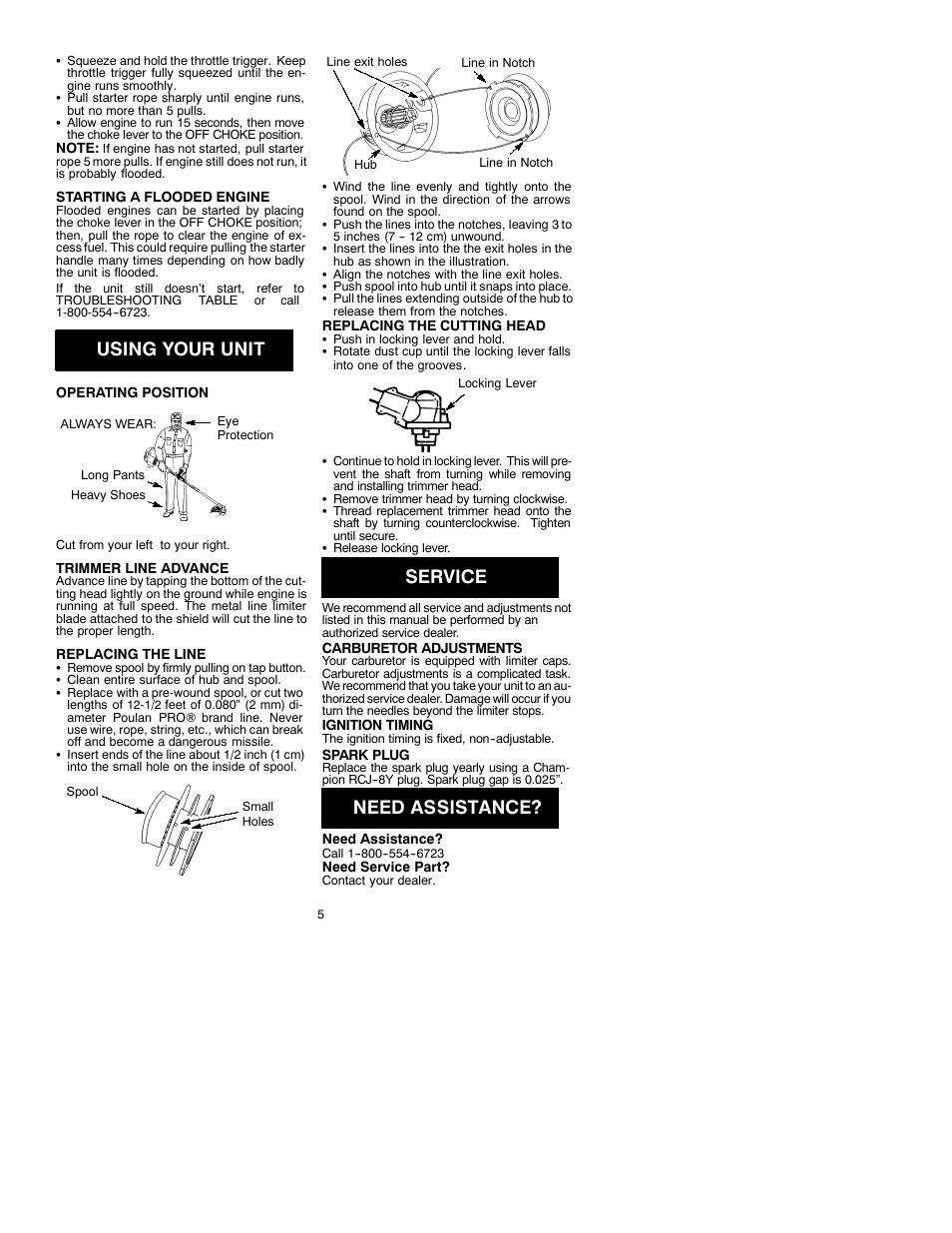 Using your unit, Service, Need assistance | Poulan 530088909 User Manual | Page 5 / 7