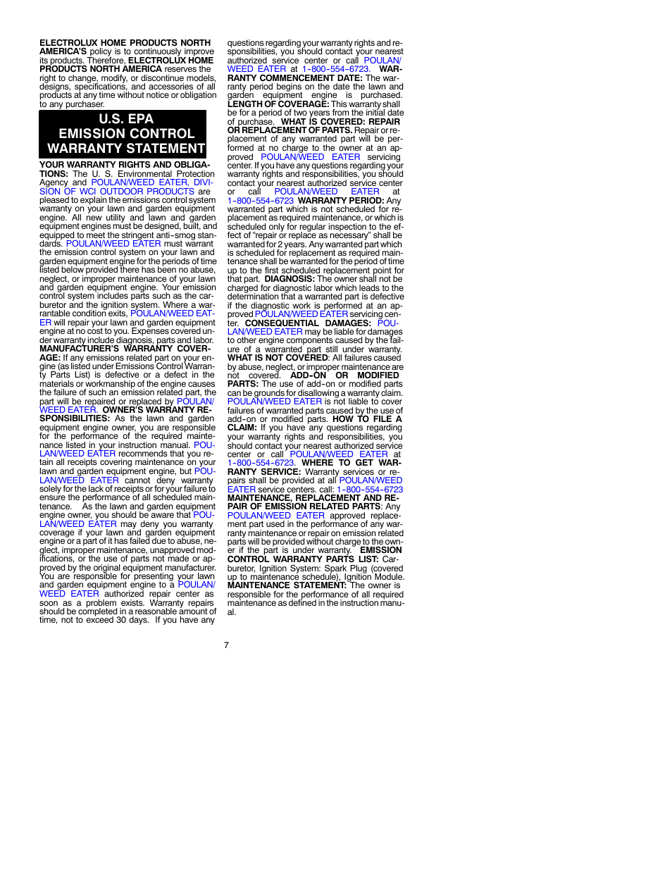 U.s. epa emission control warranty statement | Poulan 530088909 User Manual | Page 7 / 7