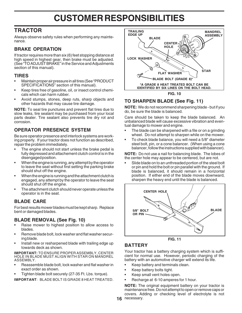 Customer responsibilities, Tractor | Poulan 183064 User Manual | Page 16 / 48