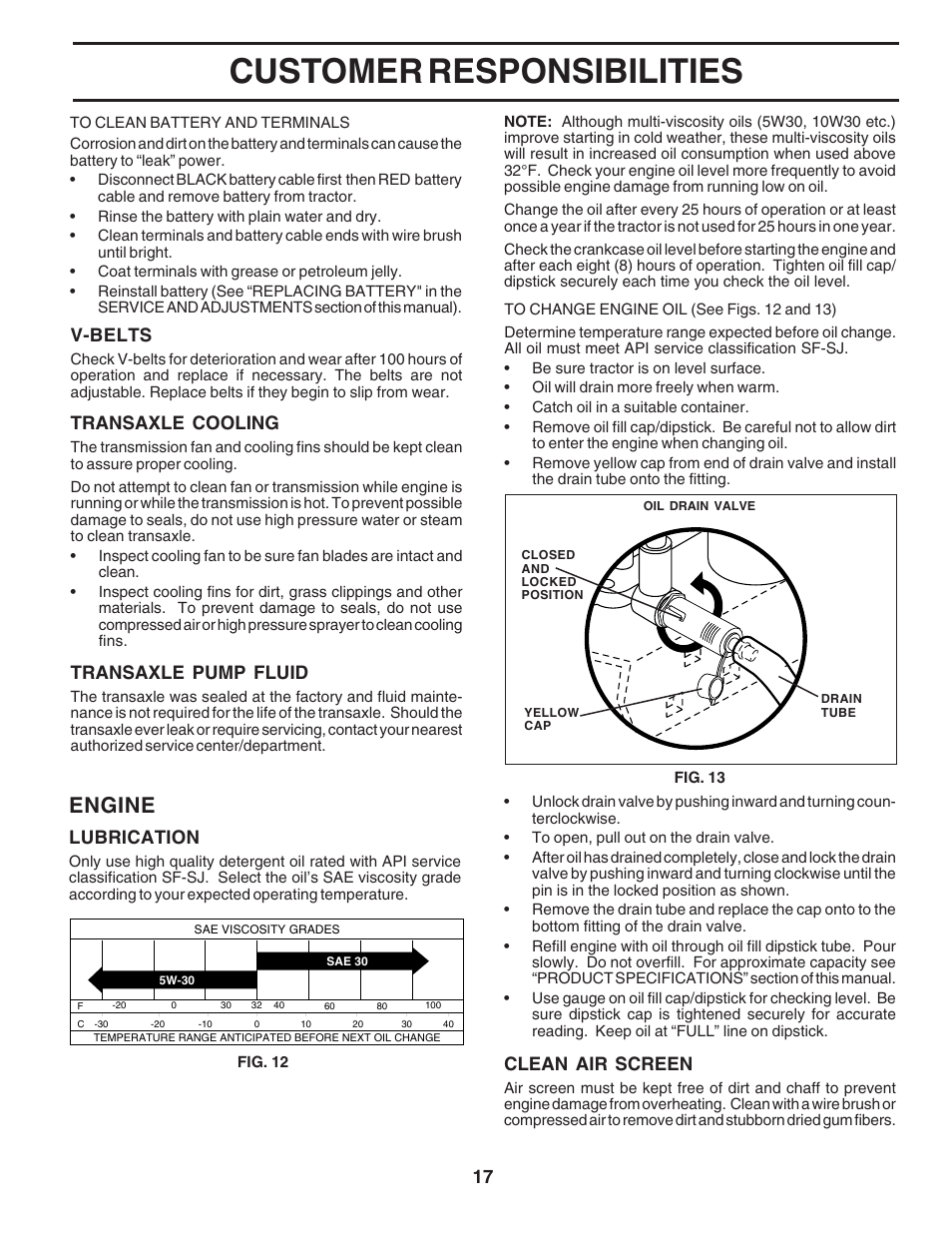 Customer responsibilities, Engine, V-belts | Transaxle cooling, Transaxle pump fluid, Lubrication, Clean air screen | Poulan 183064 User Manual | Page 17 / 48