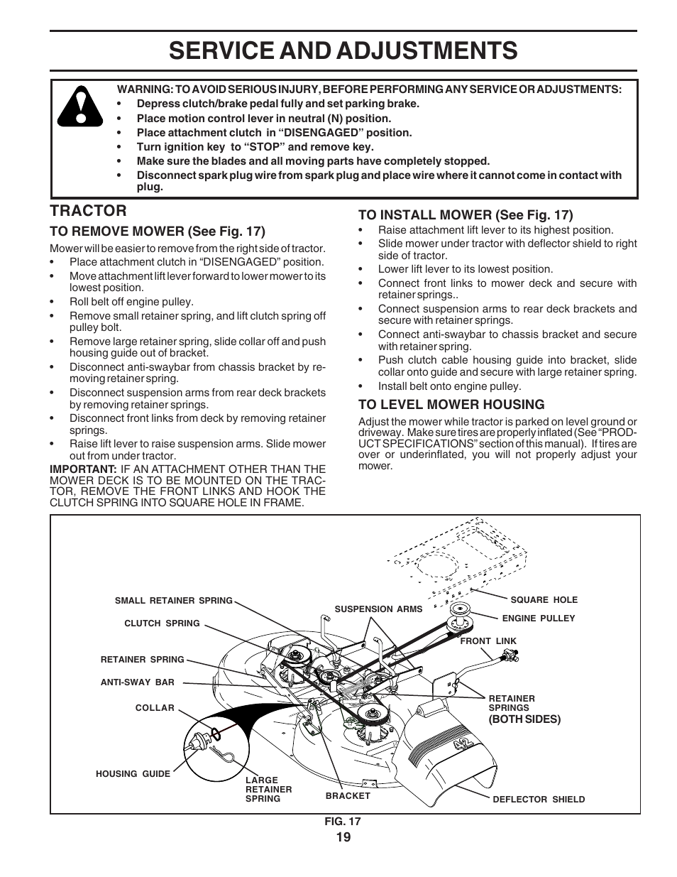 Service and adjustments, Tractor | Poulan 183064 User Manual | Page 19 / 48