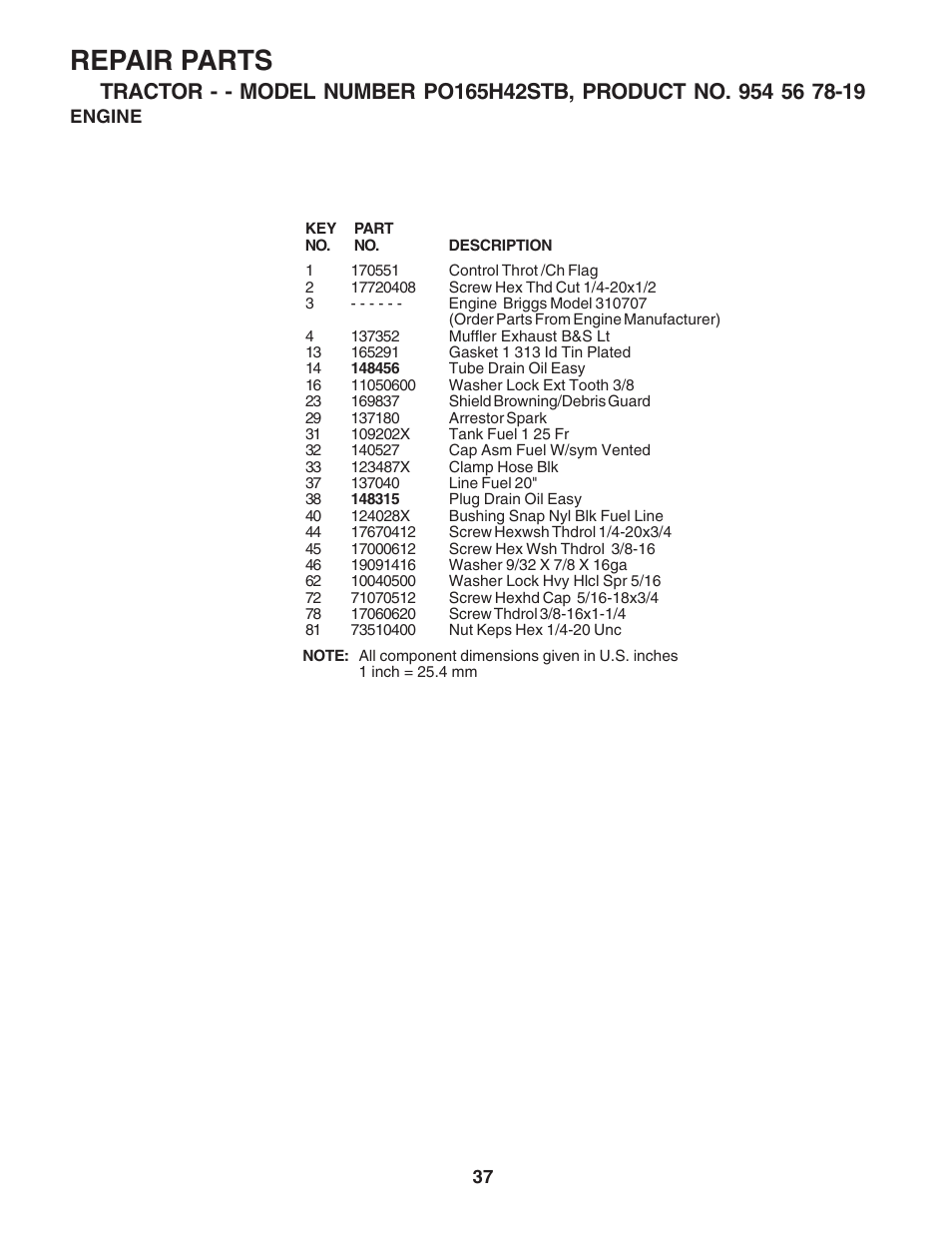 Repair parts | Poulan 183064 User Manual | Page 37 / 48