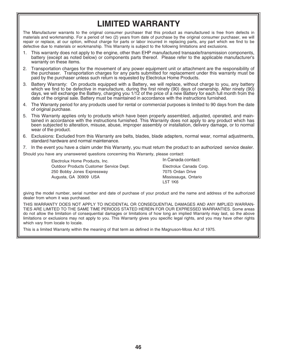Limited warranty | Poulan 183064 User Manual | Page 46 / 48