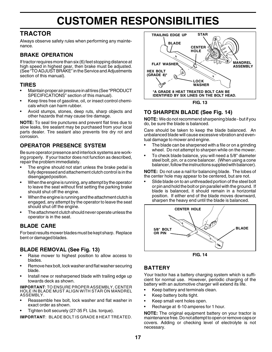 Customer responsibilities, Tractor | Poulan 177937 User Manual | Page 17 / 52