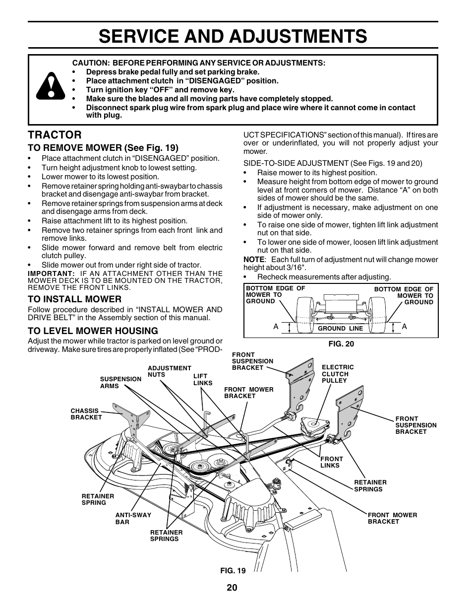 Service and adjustments, Tractor | Poulan 177937 User Manual | Page 20 / 52
