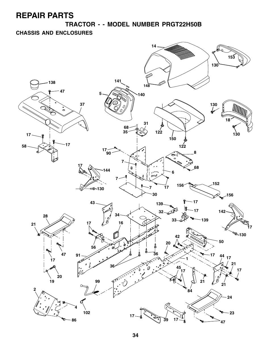Repair parts, Tractor - - model number prgt22h50b, Chassis and enclosures | Poulan 177937 User Manual | Page 34 / 52