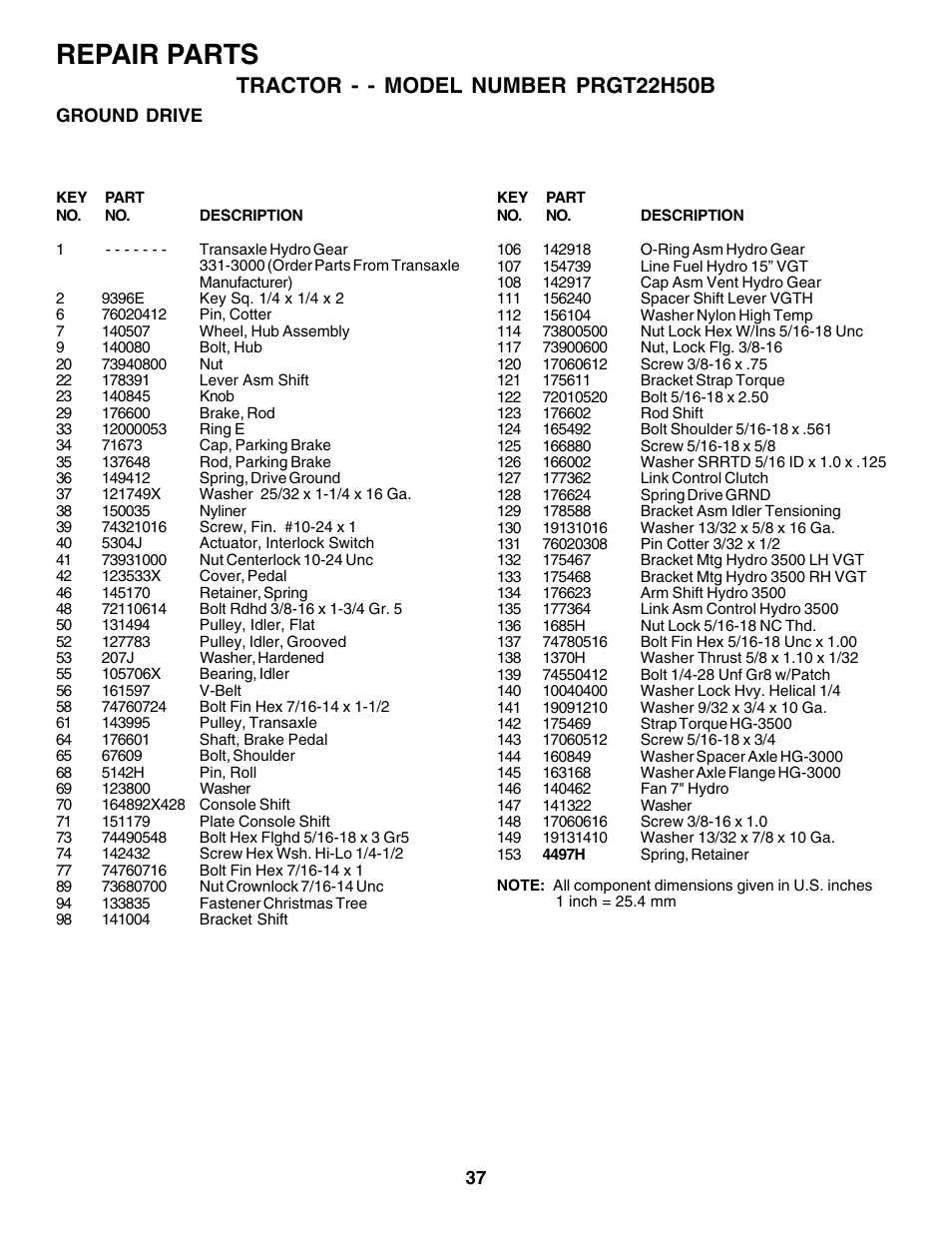 Repair parts, Tractor - - model number prgt22h50b | Poulan 177937 User Manual | Page 37 / 52