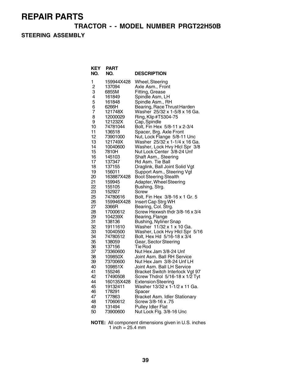 Repair parts, Tractor - - model number prgt22h50b | Poulan 177937 User Manual | Page 39 / 52