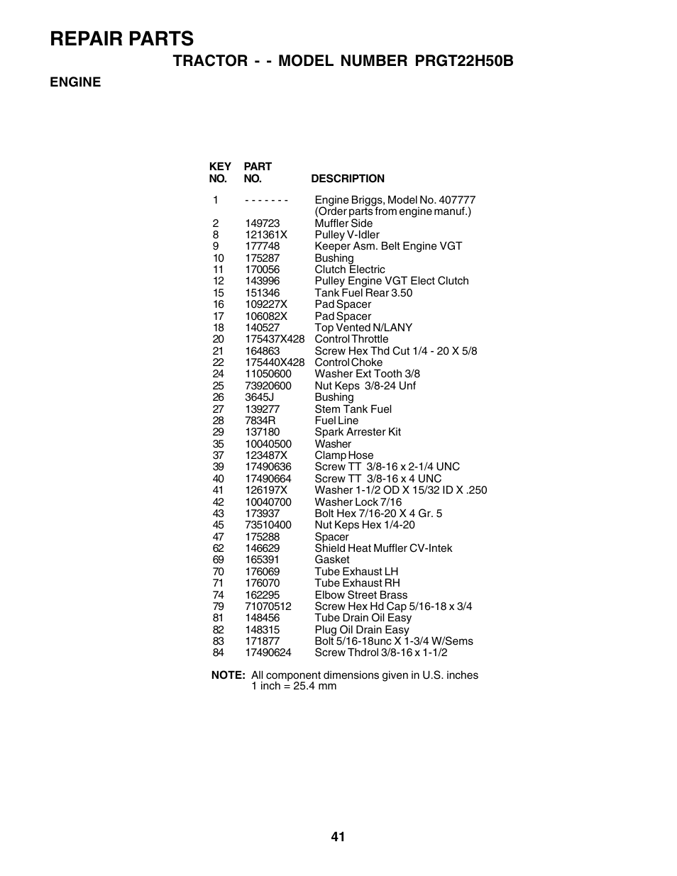 Repair parts, Tractor - - model number prgt22h50b | Poulan 177937 User Manual | Page 41 / 52