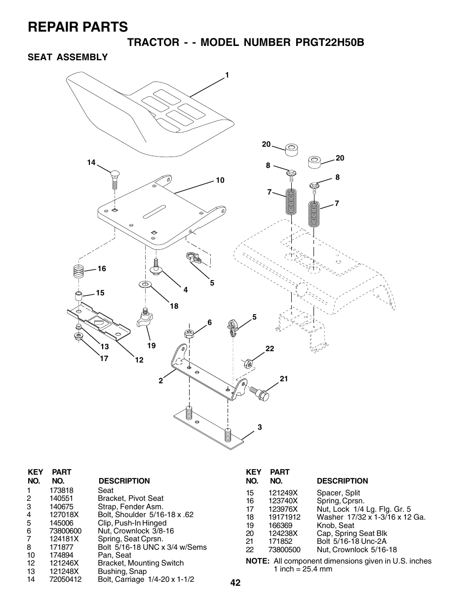 Repair parts, Tractor - - model number prgt22h50b | Poulan 177937 User Manual | Page 42 / 52