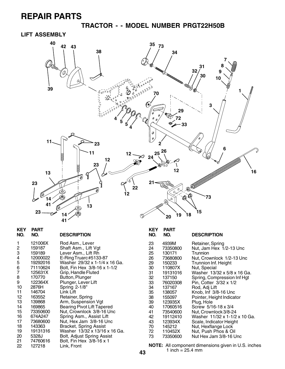 Repair parts, Tractor - - model number prgt22h50b | Poulan 177937 User Manual | Page 43 / 52