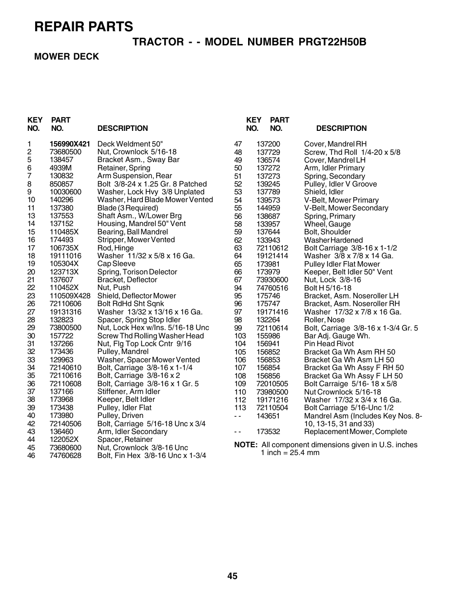 Repair parts, Tractor - - model number prgt22h50b | Poulan 177937 User Manual | Page 45 / 52