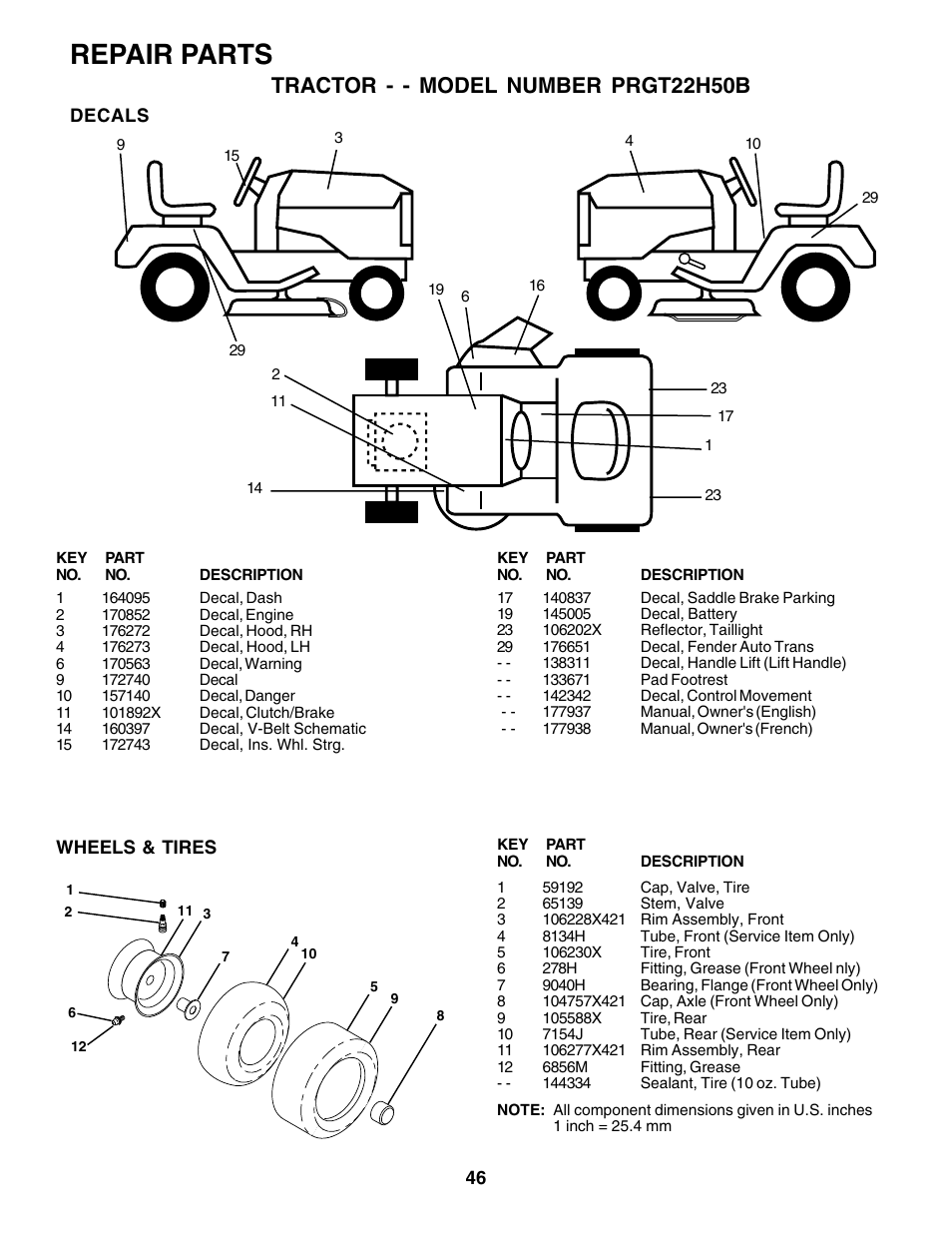 Repair parts, Tractor - - model number prgt22h50b | Poulan 177937 User Manual | Page 46 / 52