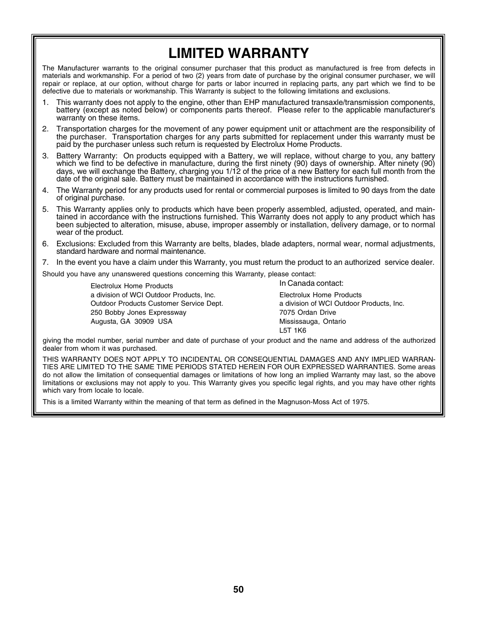 Limited warranty | Poulan 177937 User Manual | Page 50 / 52