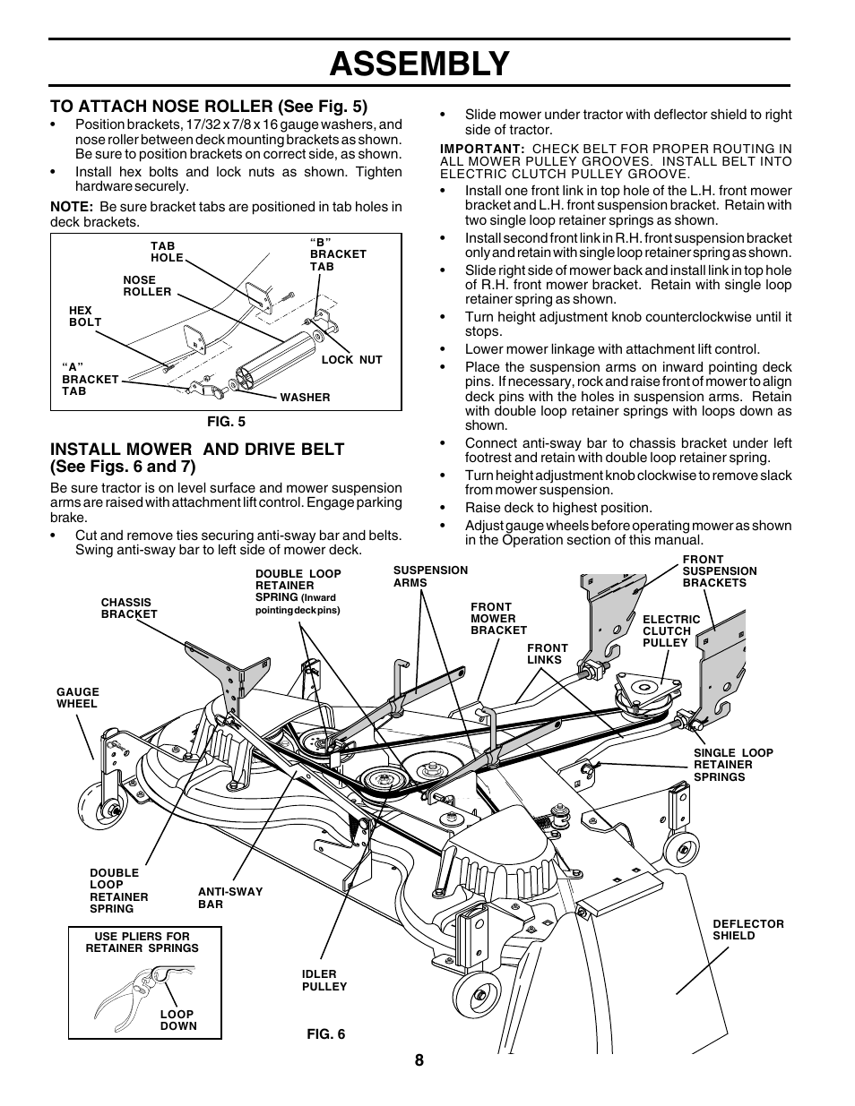 Assembly, Install mower and drive belt (see figs. 6 and 7) | Poulan 177937 User Manual | Page 8 / 52