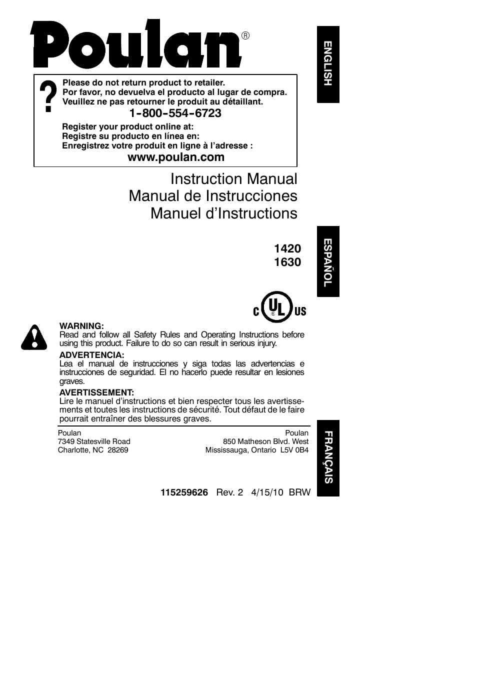 Poulan 115259626 User Manual | 17 pages