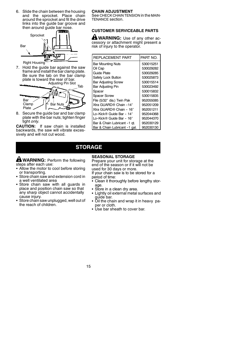 Storage | Poulan 115259626 User Manual | Page 15 / 17