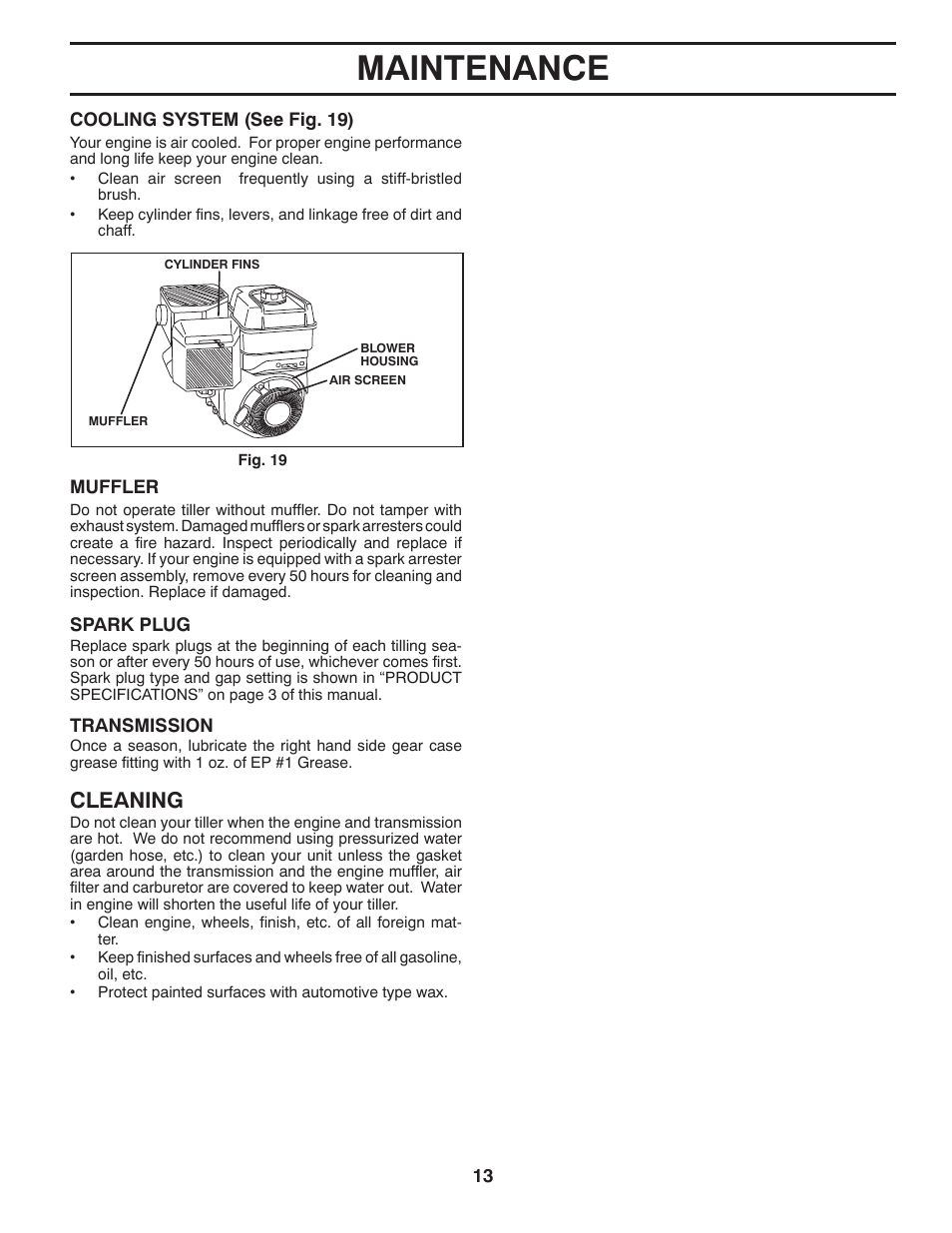 Maintenance, Cleaning | Poulan Pro PRRT900 REAR TINE TILLER User Manual | Page 13 / 22