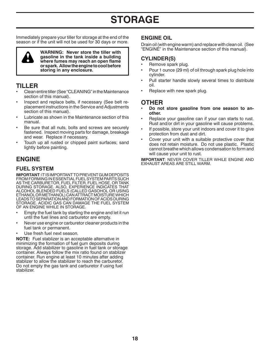 Storage, Tiller, Engine | Other | Poulan Pro PRRT900 REAR TINE TILLER User Manual | Page 18 / 22