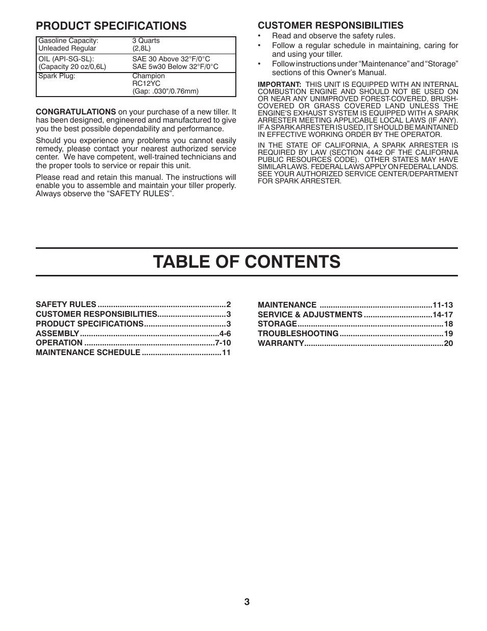 Poulan Pro PRRT900 REAR TINE TILLER User Manual | Page 3 / 22