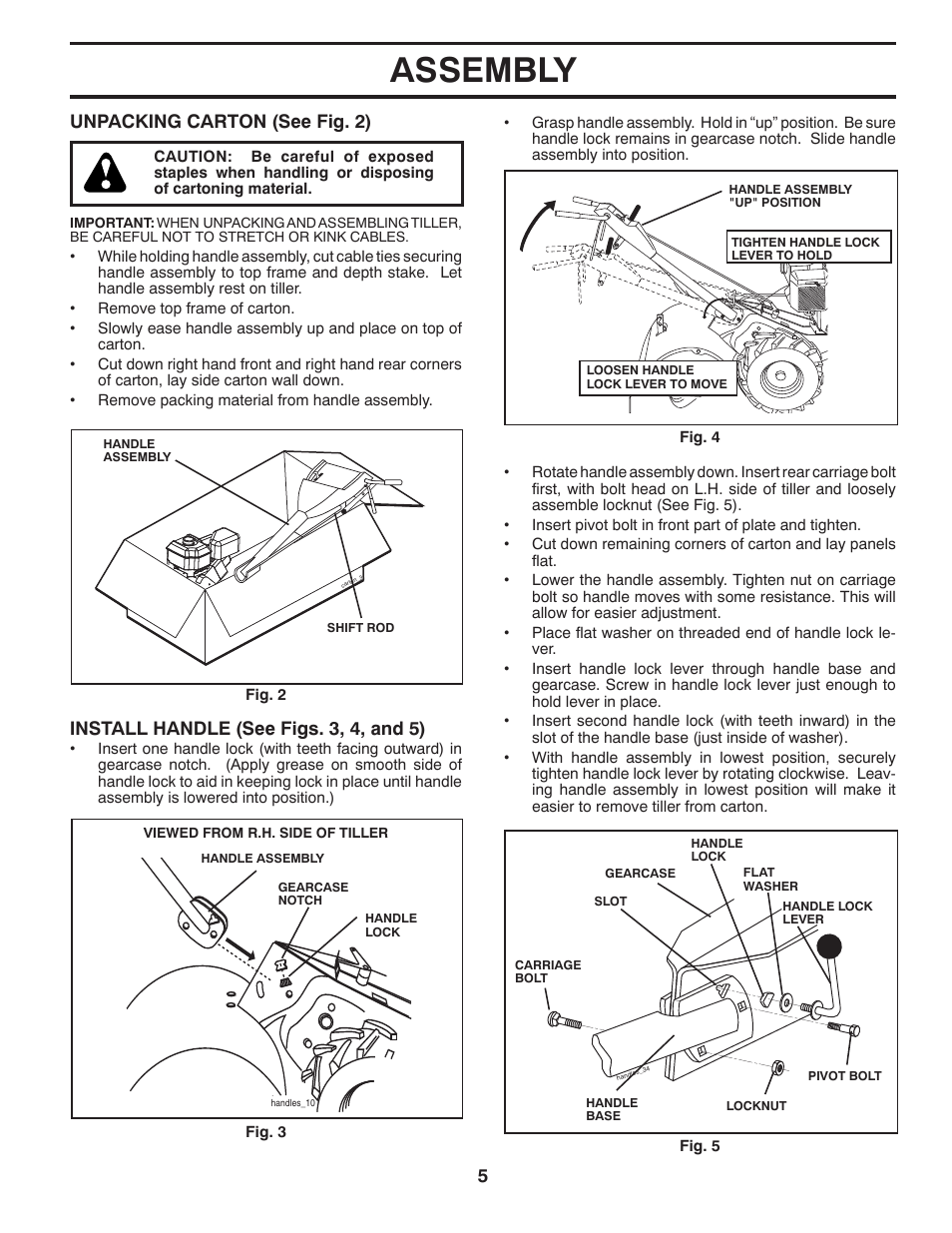 Assembly, Unpacking carton (see fig. 2), Install handle (see figs. 3, 4, and 5) | Poulan Pro PRRT900 REAR TINE TILLER User Manual | Page 5 / 22