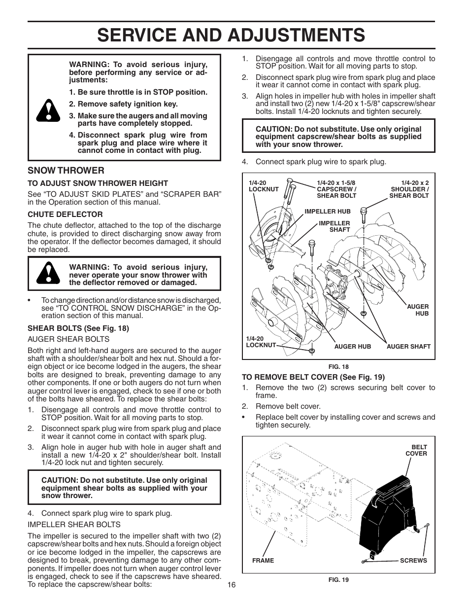 Service and adjustments, Snow thrower | Poulan 187881 User Manual | Page 16 / 20