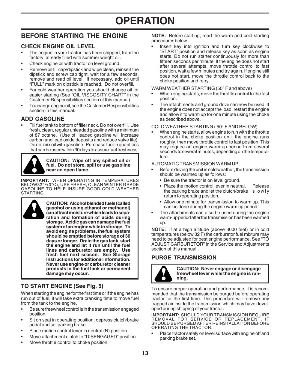 Operation, Before starting the engine | Poulan 183041 User Manual | Page 13 / 48