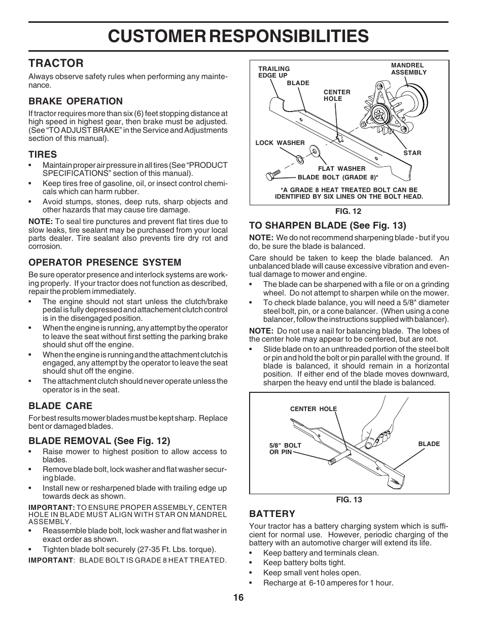 Customer responsibilities, Tractor | Poulan 183041 User Manual | Page 16 / 48