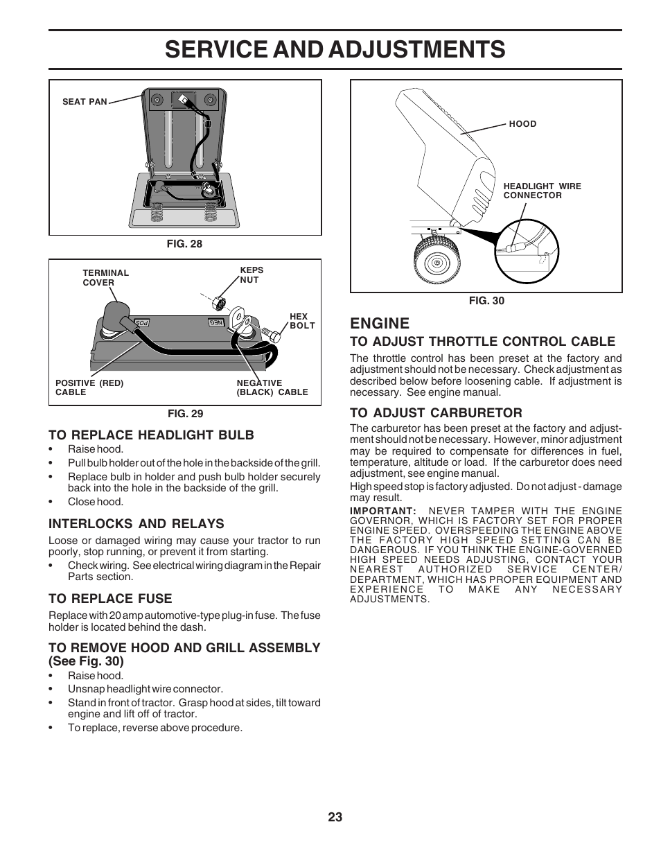 Service and adjustments, Engine | Poulan 183041 User Manual | Page 23 / 48