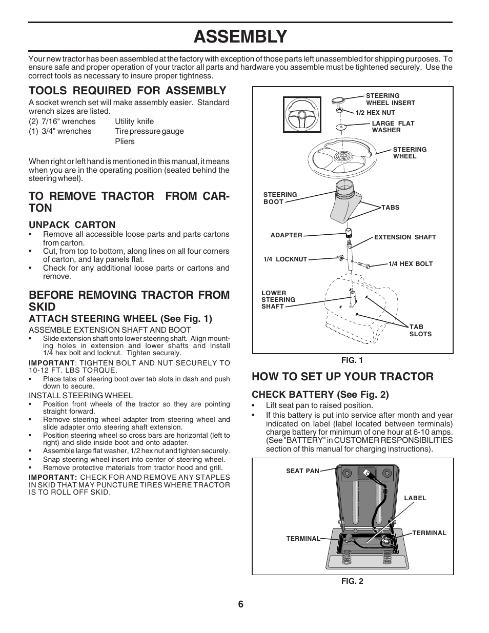 Assembly, Tools required for assembly, How to set up your tractor | Before removing tractor from skid | Poulan 183041 User Manual | Page 6 / 48